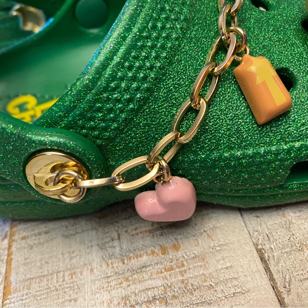 CROCS “Lucky Charms” Kids Unisex Clogs Size 11 Green Glitter Charms Like New - Picture 8 of 15